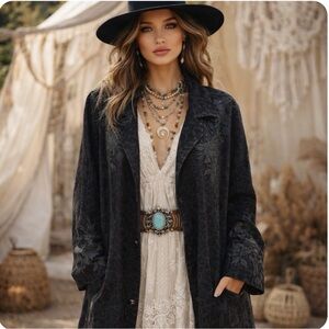 Johnny Was Workshop Kirin Black Embroidery Long Coat XL Luxe Boho Artisan Artsy